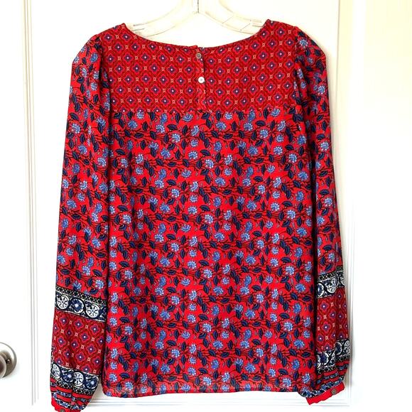 Loft Womens Small LS Red Blue Floral Print Tunic Blouse Lightweight Boho Office - Picture 2 of 10